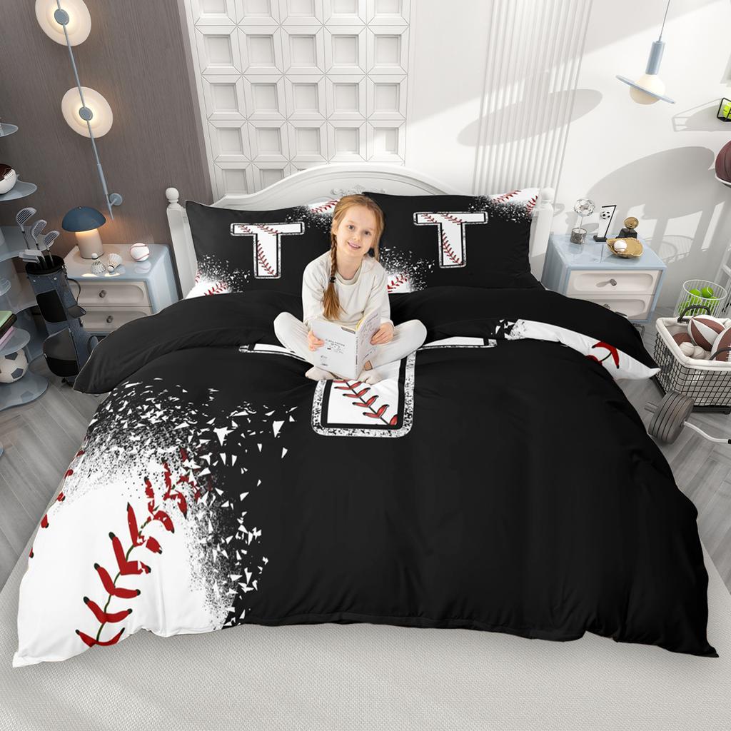 Homewish Kids Baseball Duvet Cover Set 2Pcs/3Pcs For Boys Girls Black White Bedding Set Black Reversible Quilt Cover Set