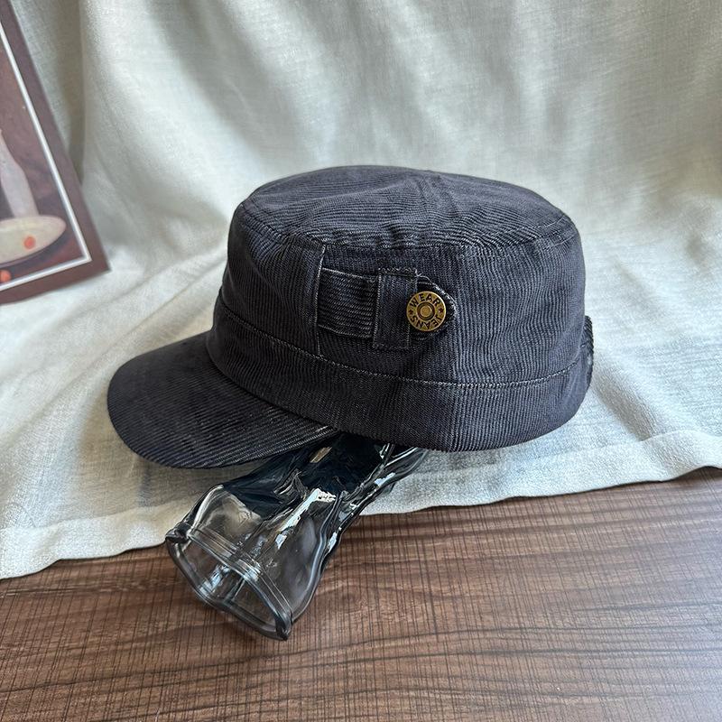 Fashion Hat Korean version button retro black flat top cap women's literary niche casual versatile face small equestrian hat tide