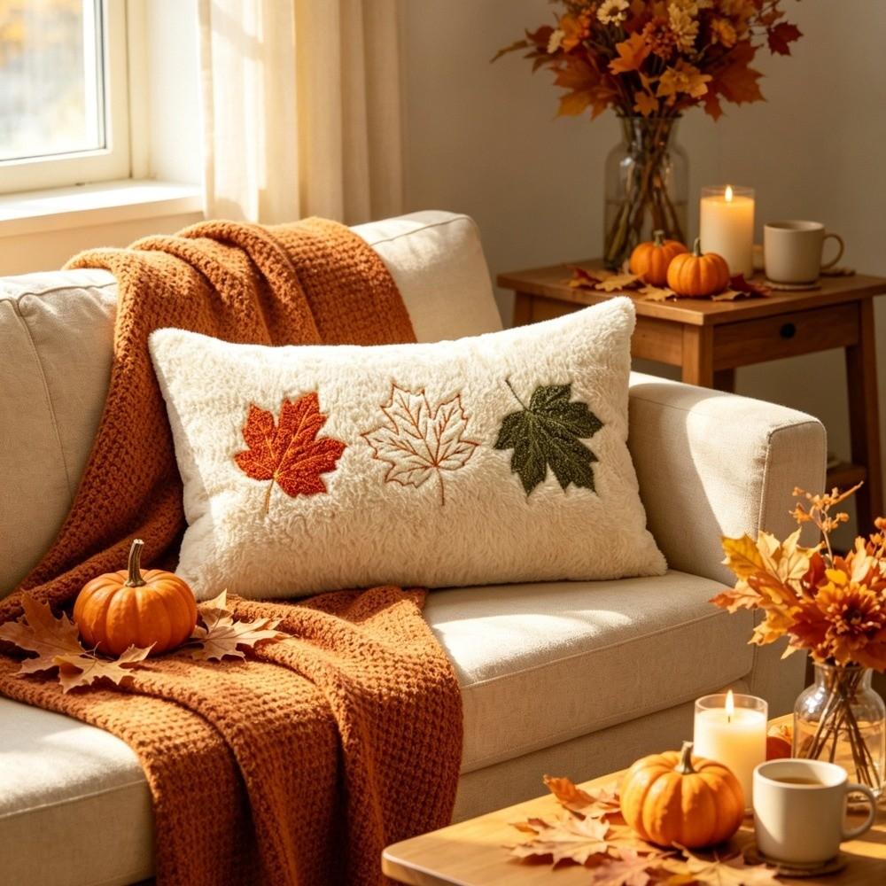 Fuzzy Texture Pillow Cover Pumpkin Maple Leaf Embroidery Autumn Cushion Case Thanksgiving Decor