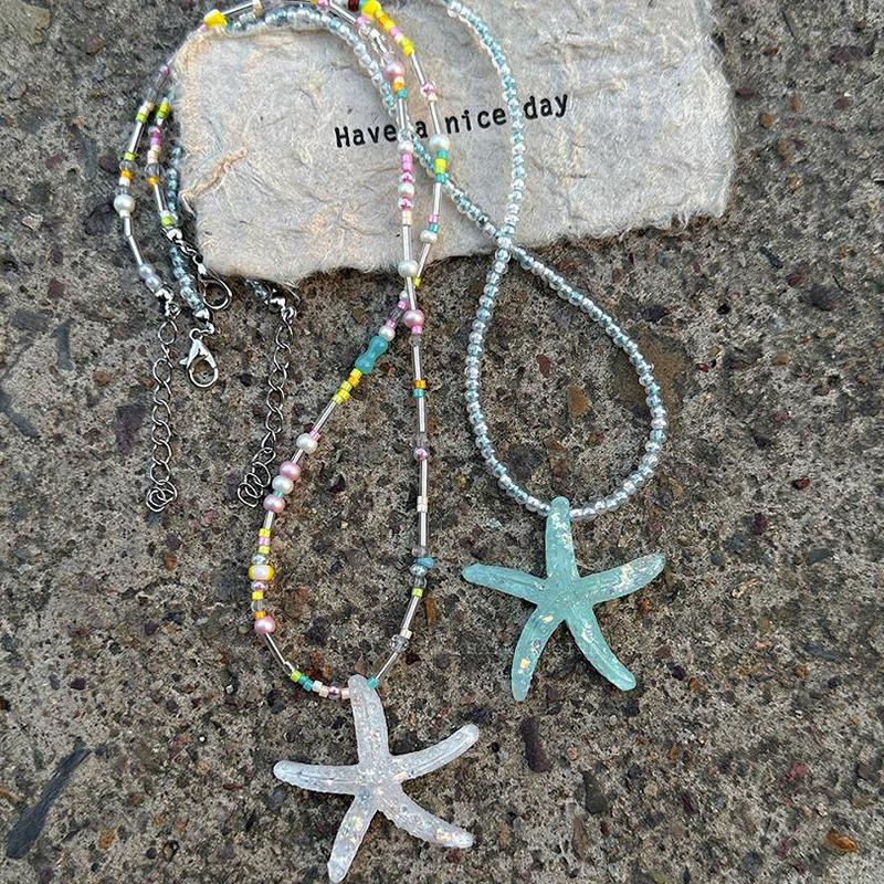 Trend Starfish Pendant Necklace Shiny Resin Bead Choker Clavicle Chain Sweet Necklace For Women Girls Summer Vacation Jewelry