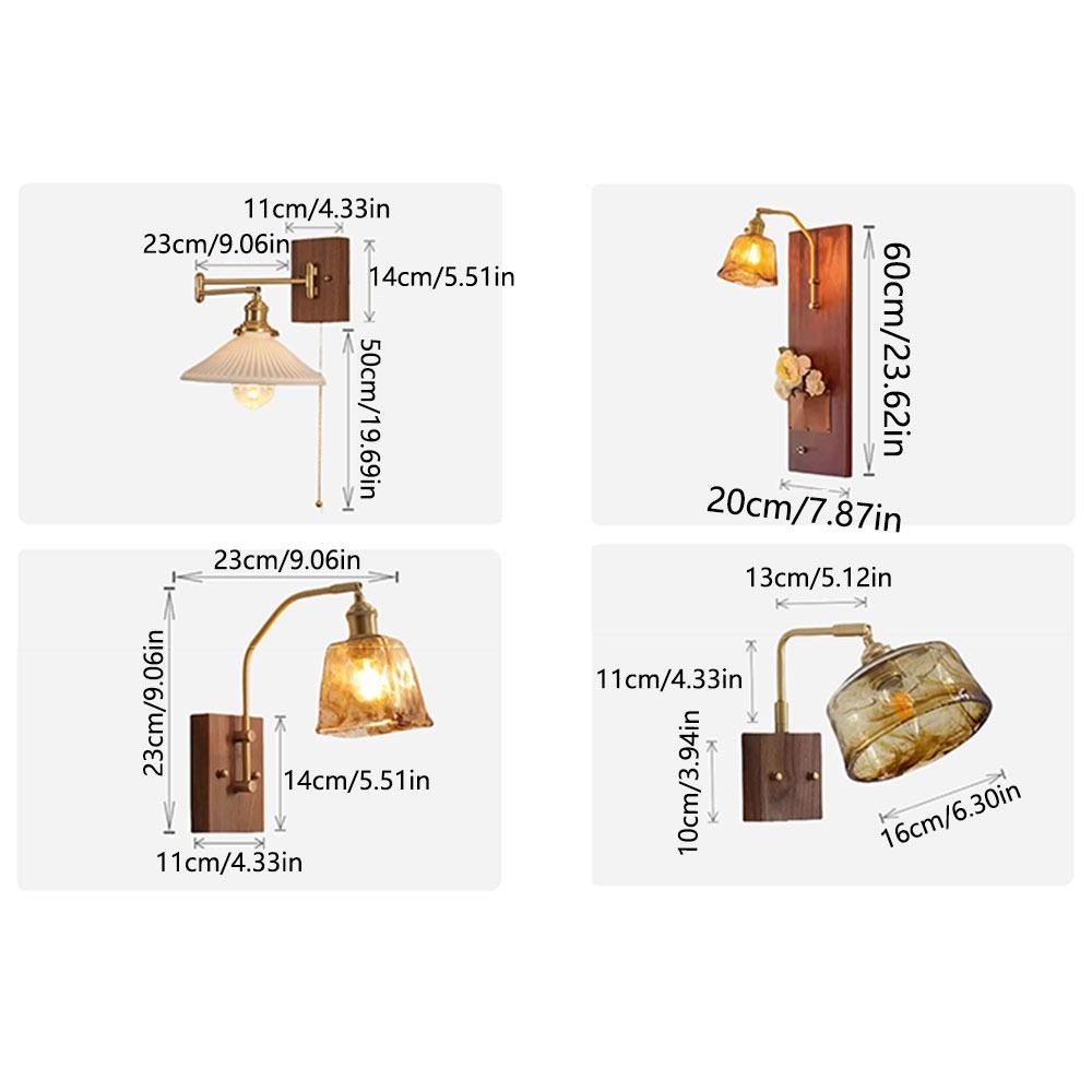 Modern Luxury Retro Wooden Wall Lamp Vintage Walnut Nordic Glass Wall Sconce Glass/Ceramic Lampshade Atmosphere Lighting