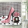 Hello Gorgeous Pink High Heel Shower Curtain Polka-Dots Perfume Bottle Design With 12 Hooks Ideal Bathroom Decor