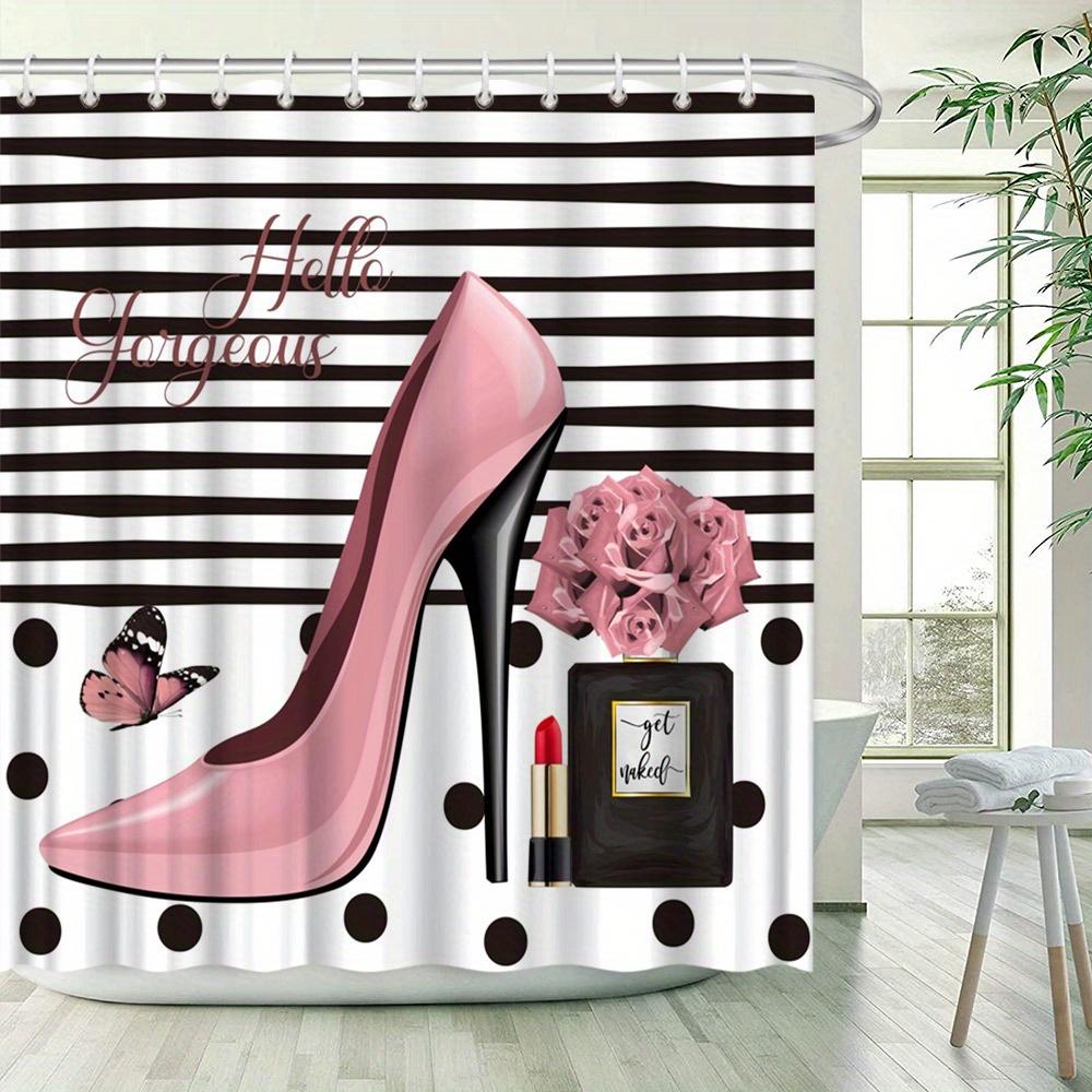 Hello Gorgeous Pink High Heel Shower Curtain Polka-Dots Perfume Bottle Design With 12 Hooks Ideal Bathroom Decor