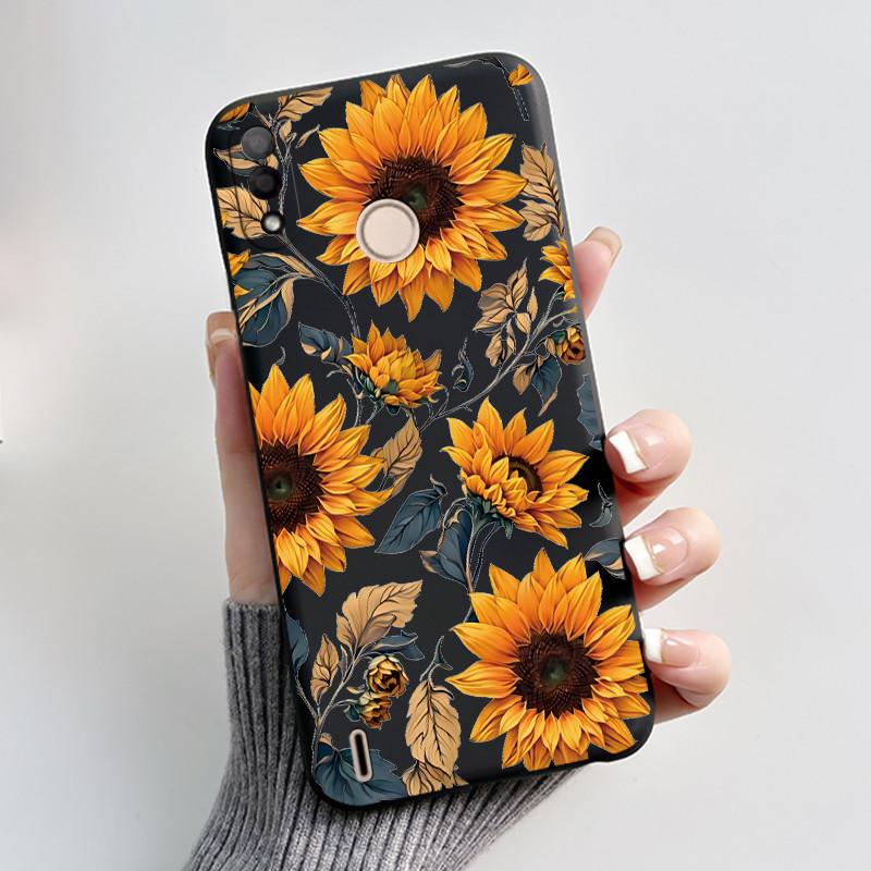 Black Case For Itel P33 Plus Bumper Soft Silicone Jelly Shell Anime Popular Sunflower Wildflower Painted Shockproof Cover