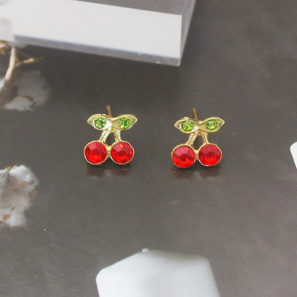 

Small Red Cherry Geometry Rhinestone Crystal Stud Earring for Women Zircon Korea Sweet Simple Brincos Girl Chrisrmas Gift