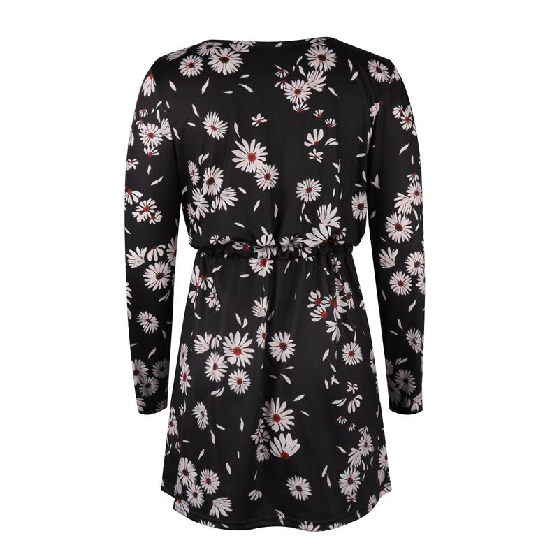 Womens Floral Midi Dress Ladies Holiday Casual Loose Crewneck Long Sleeve Dress