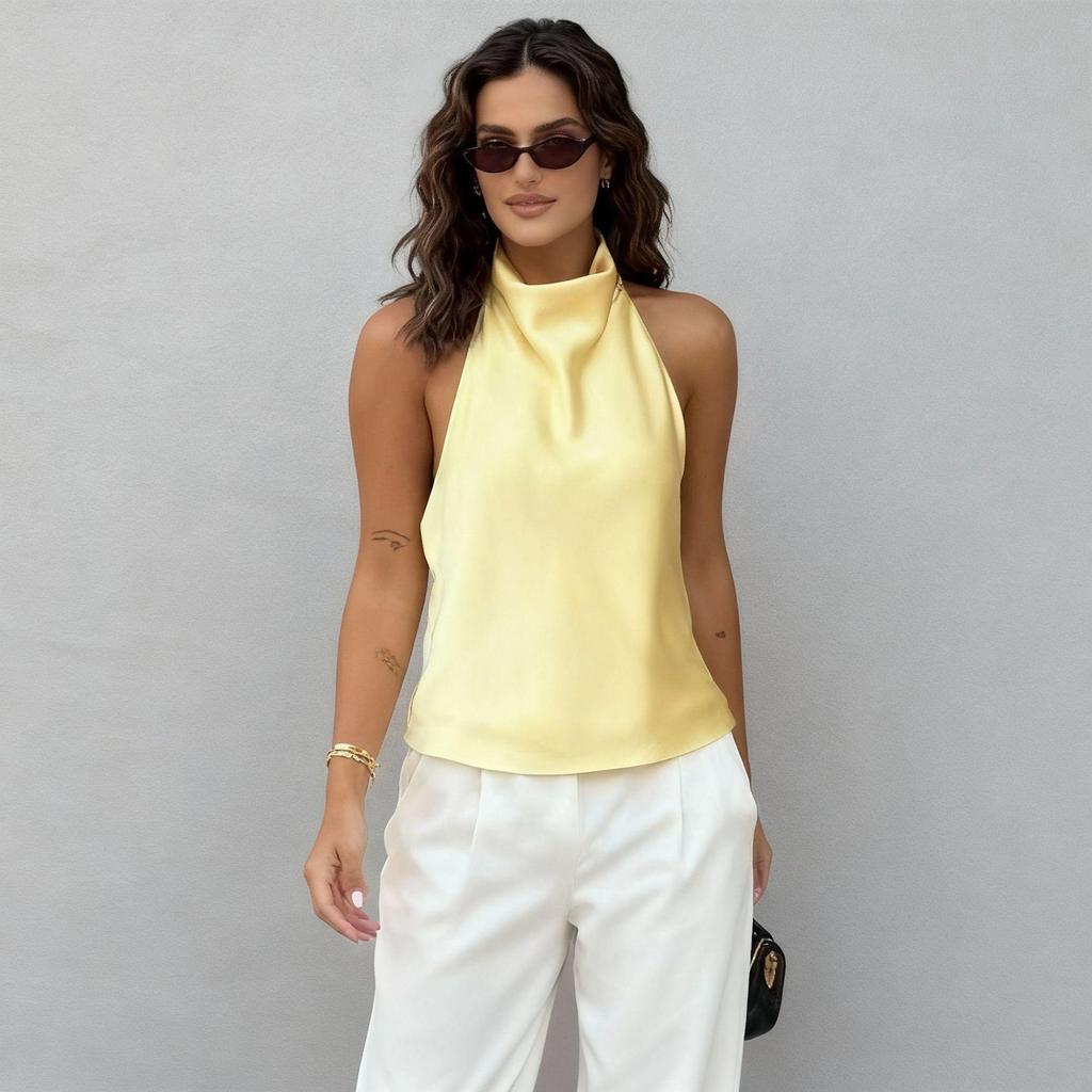 2025 Summer European & American Style Silk Satin Halter Neck Top
