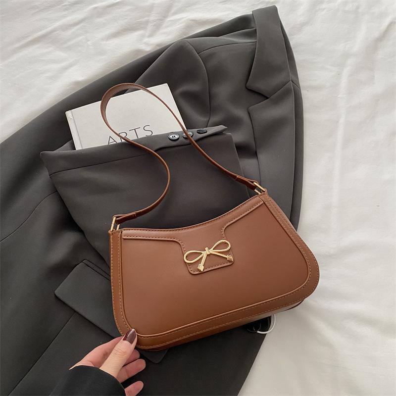 Spring Solid Color Bow Fashion Casual Commuter Bag Women's 2025 New Retro Shoulder Underarm Small Square Bag Versatile
