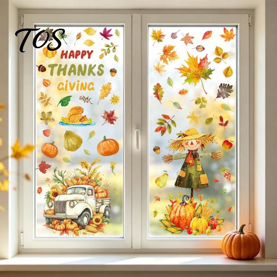 Decorative PVC Film 4 Sheets Autumn Harvest Static Window Stickers, Maple Leaves Pumpkins Scarecrow Pickup Truck Thanksgiving Decals Decals, Removable