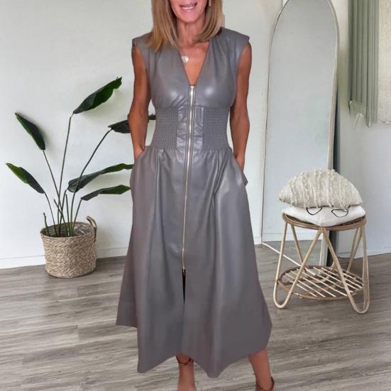 

Women s Faux Leather Front Zip Long Dress V Neck Sleeveless Smocked High Waist Pleated Dress L сірий