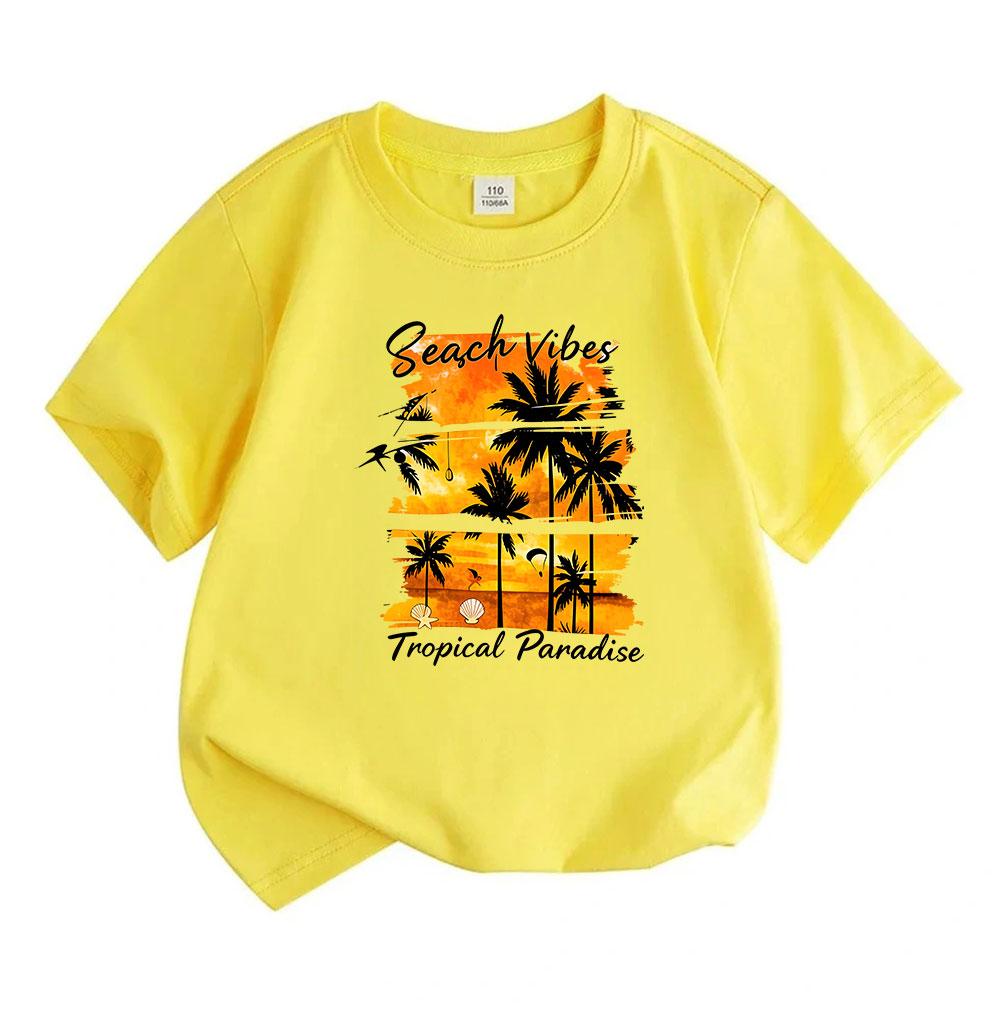 Kids Boys Girls 100% Cotton Crew Neck Short Sleeve T-Shirt, Summer Tropical Paradise Beach Vibes Palm Tree Sunset Casual Soft Breathable Tees for Dail