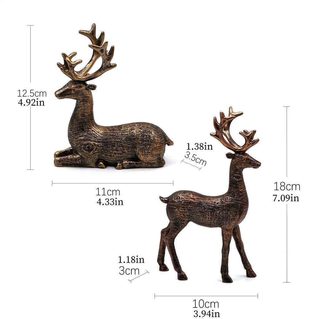 2PCS Retro Copper Reindeer Christmas Decoration Resin Christmas Reindeer Statues Standing and Sitting Deer Ornaments Home Decor