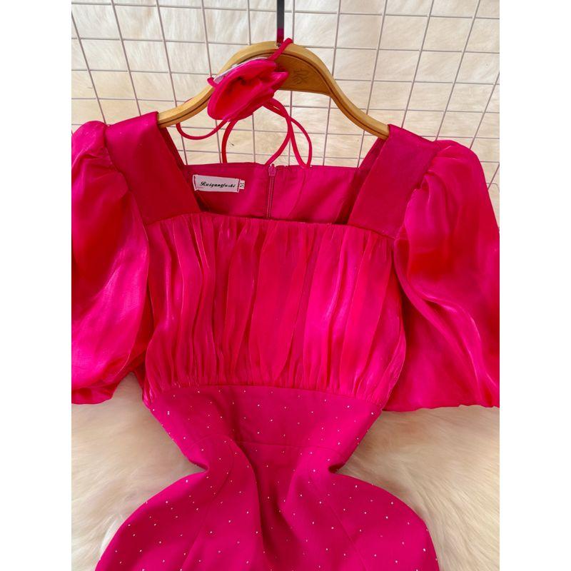 European Station New Arrival Fashion Elegant Elegant Lady of Note Short Sleeve Dress Fancy Hip Hot Drilling Square Collar Dress Dress