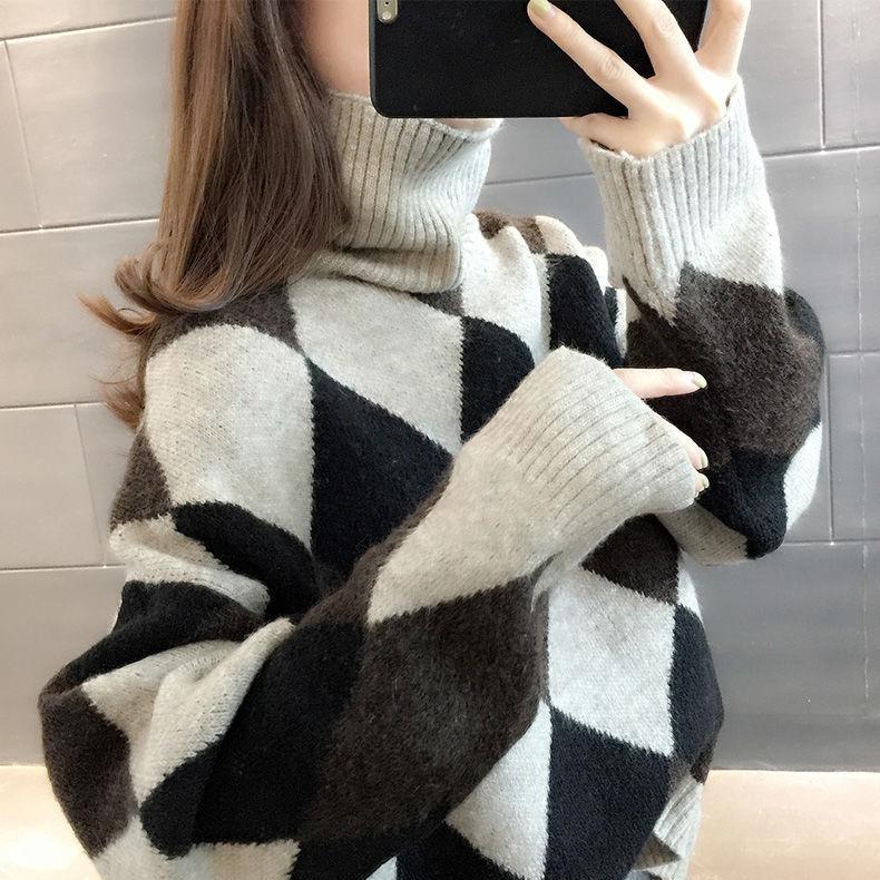 High Neck Sweater with Thickened and Loose Fit for Outerwear Korean Version Diamond Pile Collar Popular Pullover