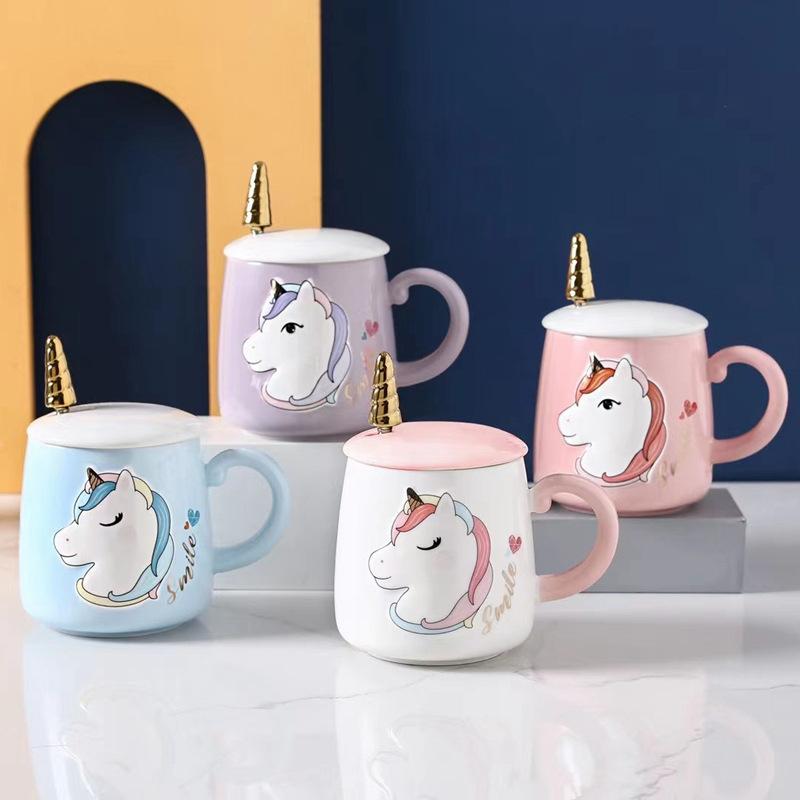 Einhorn Tasse mit Deckel Löffel Super Süß Niedlich Cartoon Keramiktasse Große Kapazität Haushalt Kreative Wassertasse