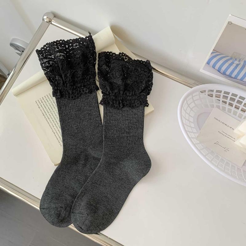 Spring and Autumn Children's Knee-length Lace-trimmed Pile-up Socks, Sweet Long Socks, Simple Style, Pure Cotton Women's Socks, Ballet Style