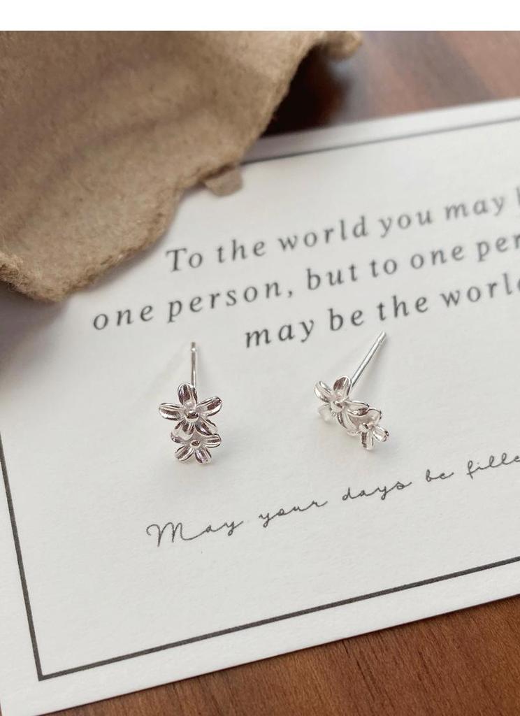 S999 Sterling Silver Double Layer Flower Stud Earrings - Exquisite Niche Design, Simple Pure Silver.