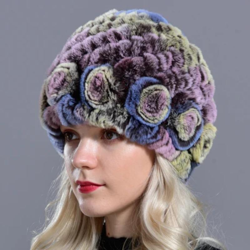 Raglaido Rabbit Fur Hats for Women Winter Floral Real Fur Hat Women's Beanies Elastic Warm Fashion Ladies Snow Hat LQ11204