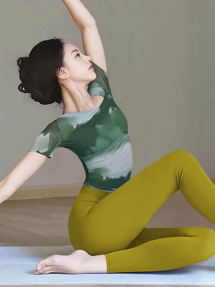 2026 Women s Chinese Style Tie-Dye Yoga Top - Short Sleeve, Breathable Mesh for Pilates XL (120-135)