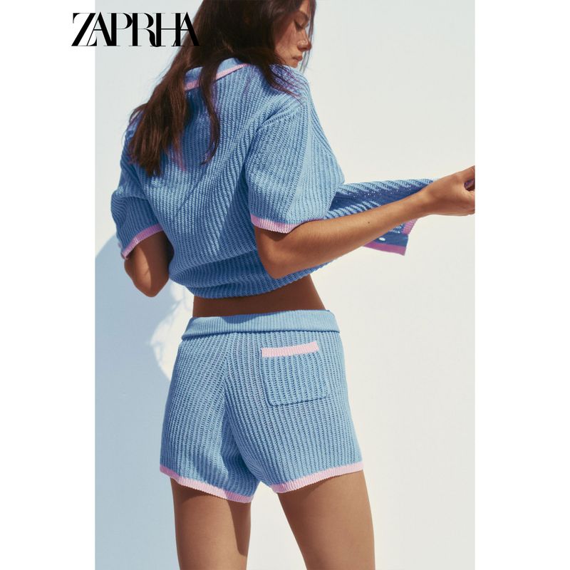 Zaprha 2025 Summer New Fashion Contrast Color Knitted Polo Shirt Short Sleeve Cardigan Outerwear 3920260