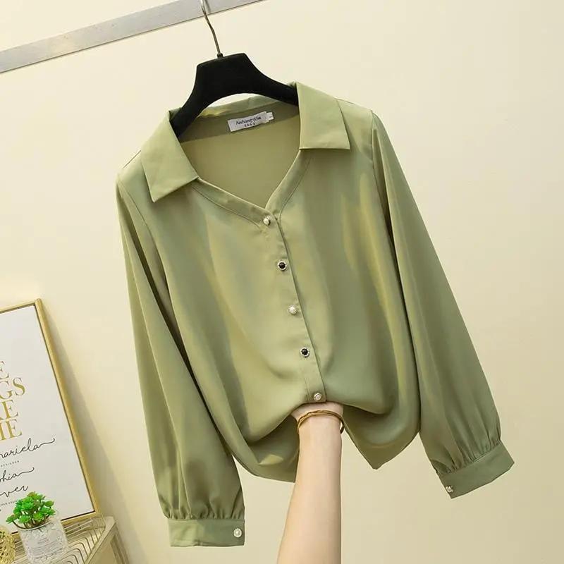 

Женская рубашка с длинными рукавами, осенняя шифоновая, большого размера, покрывающая живот, утягивающая блузка, маленькая рубашка, модная женская одежда XXL зелёный