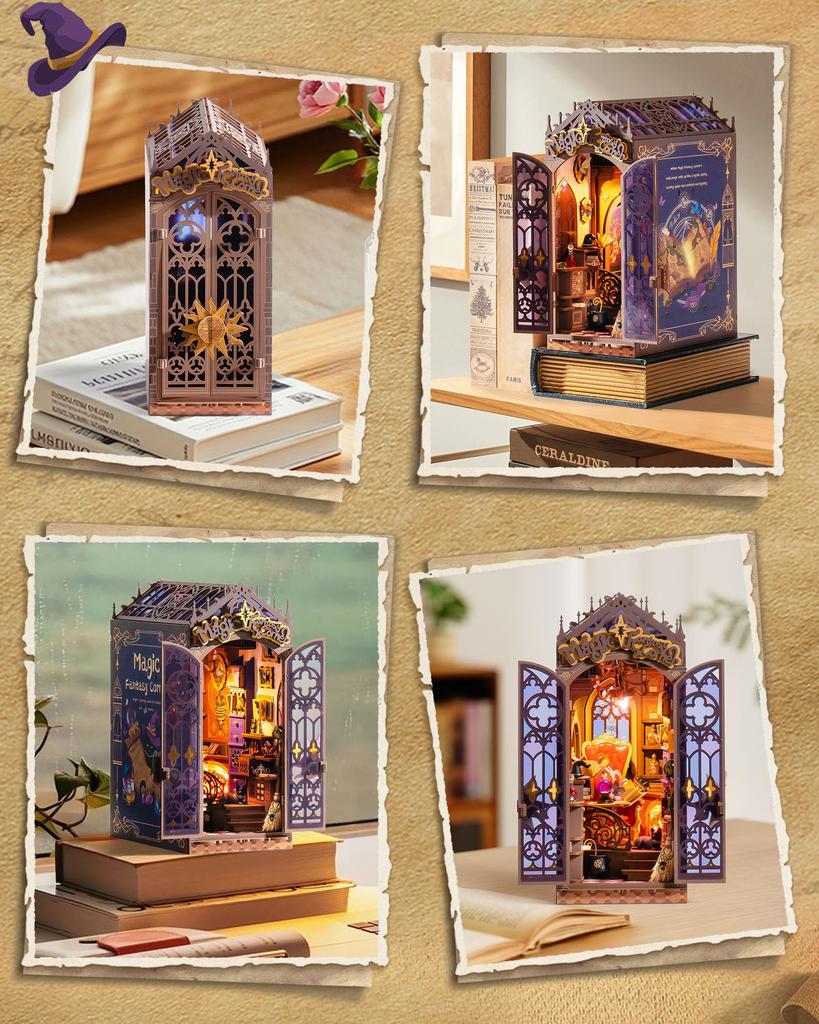 Rolife DIY Buch nook Magisches Haus Katze 3D Puzzle Miniaturhaus Bausatz mit Buch LED Bücherregal Handgefertigte Montage Holz Magisch Retro Illustriert