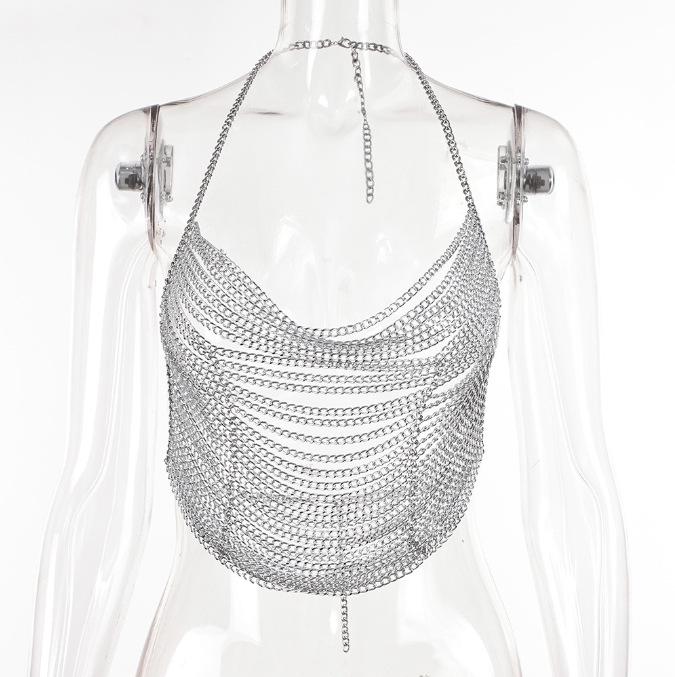 XH233927 Stylový kovový řetízkový halter top - Bez zádový noční klubový módní top