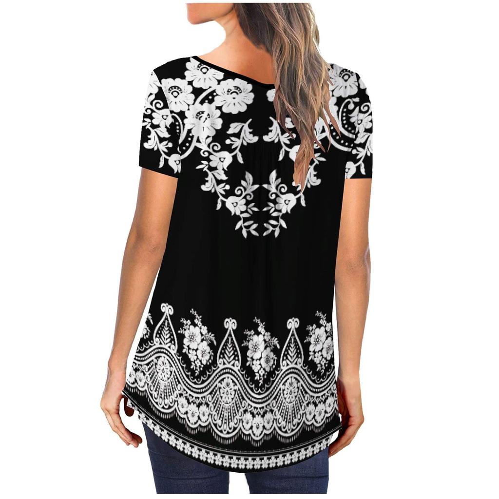 Women's Short Sleeve Tunic Loose Tops Casual Plus Size Tops Pleated Tunic Button T-Shirts