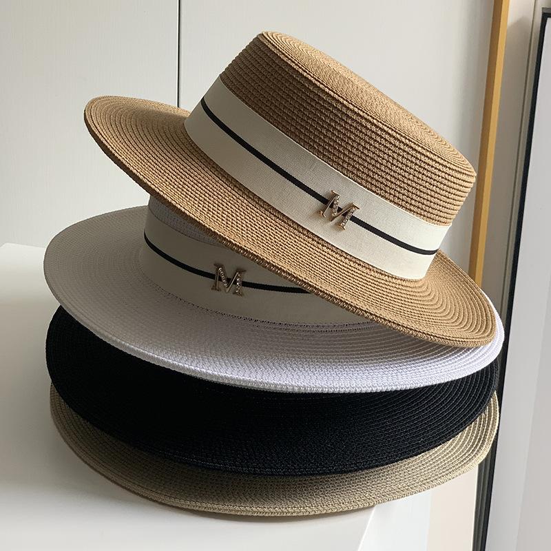 Hat Women's Summer Versatile Fashion Rhinestone M Standard Flat Top Straw Hat Seaside Vacation Sun Hat Sunscreen Big Eaves Hat Tide