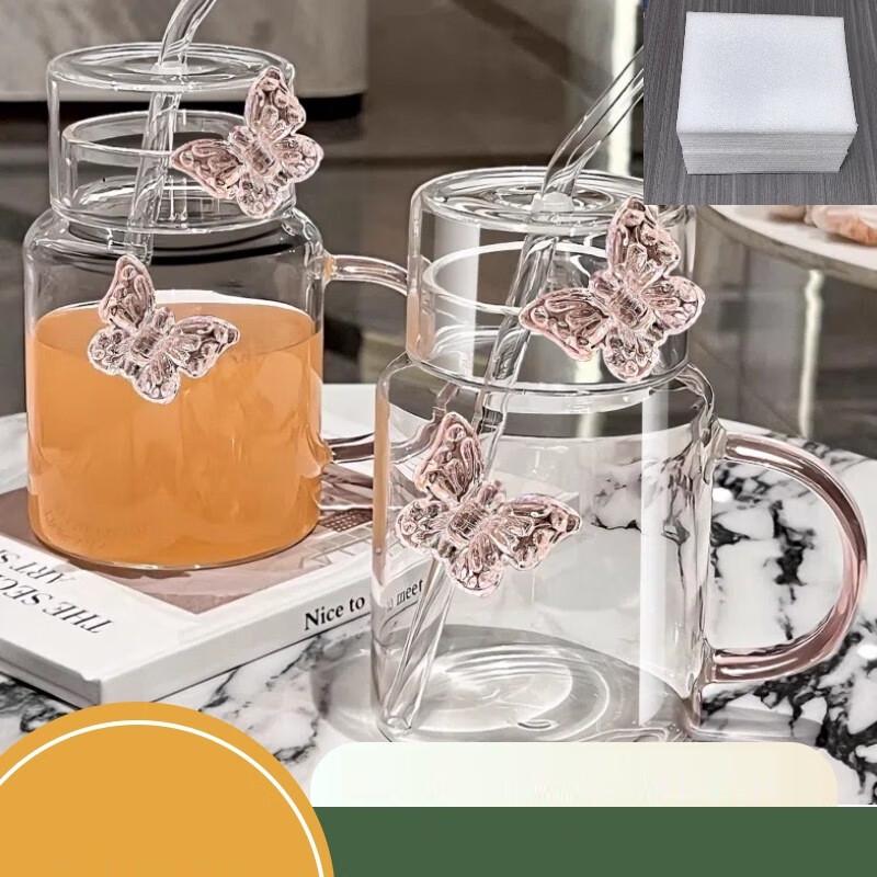 Heat-Resistant 3D Butterfly Glass Straw Cup