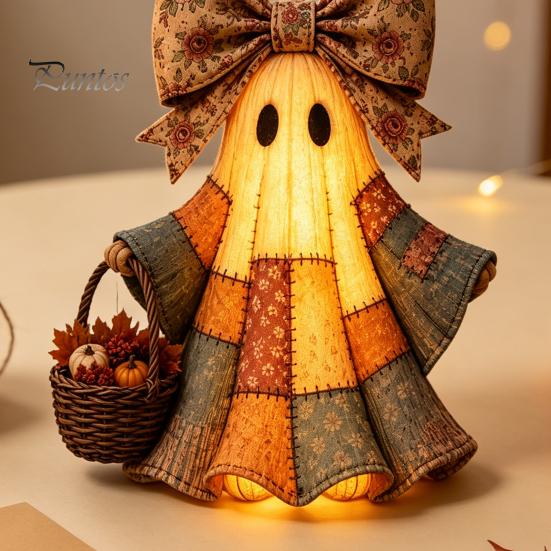 Durable Festival Party Supplies Lighted Vintage Patchwork Ghost Door Hanger, Rustic Farmhouse Figurine, LED Light Up Resin Wall Ornament Halloween