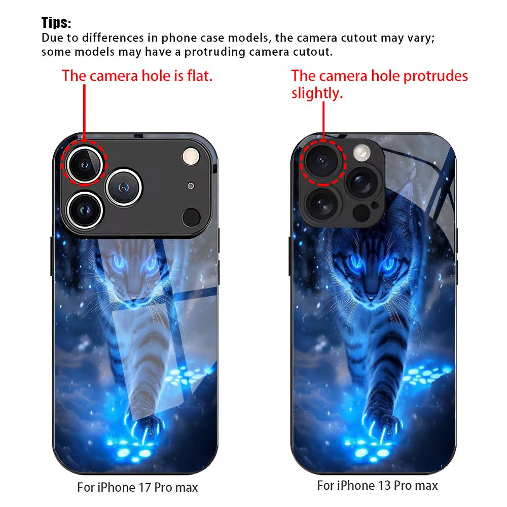 Blue Light Cat Tempered Glass Phone Case Suitable for iPhone17 16 15 14 13 12 11Pro Max Plus Anti Drop and Shockproof Back Cover