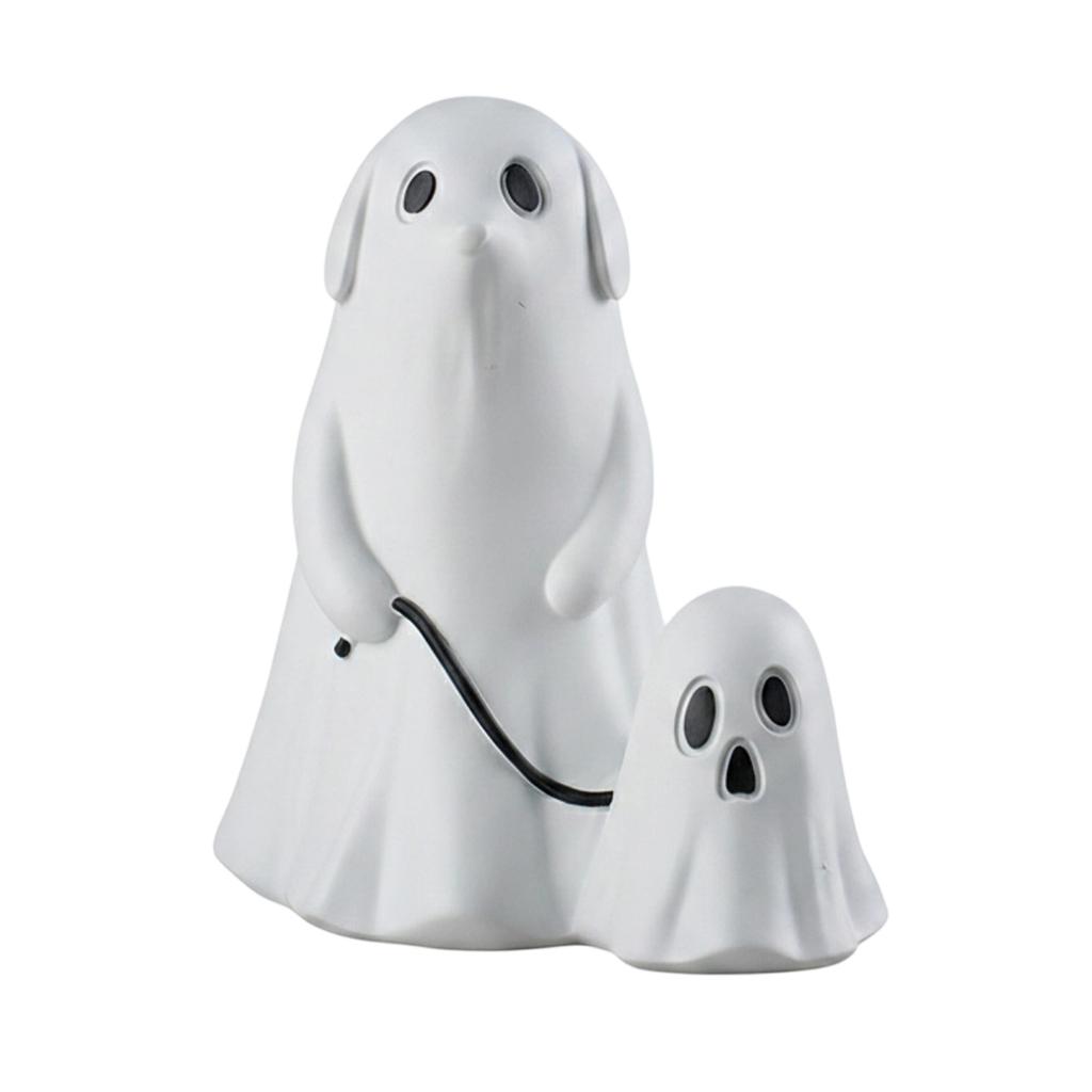 Harz Halloween Geisterhund Figur mit Leine und kleiner Geisterdekoration Indoor Tischdekoration für saisonale Heimdekoration