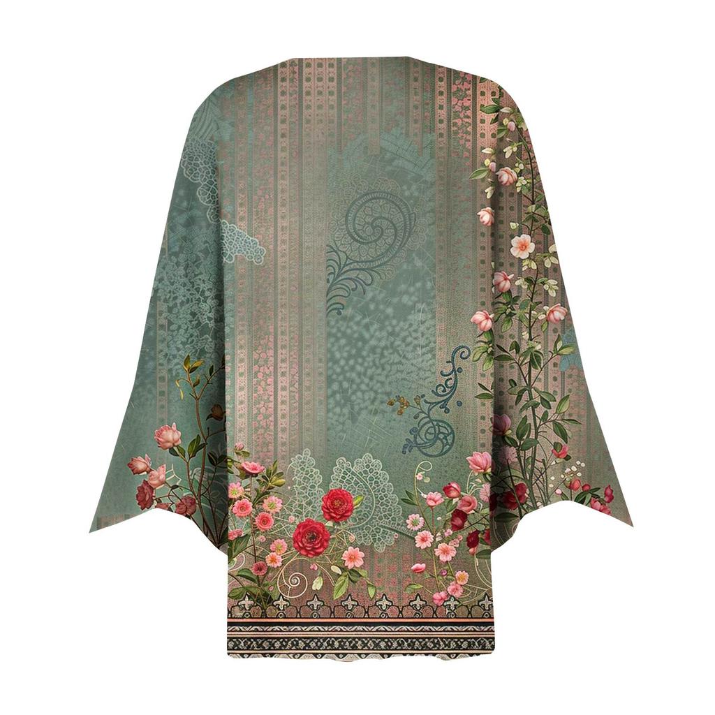 Women's Fashion Loose Casual Printed Seven-Part Sleeve Button Down Blouse Cardigan Top