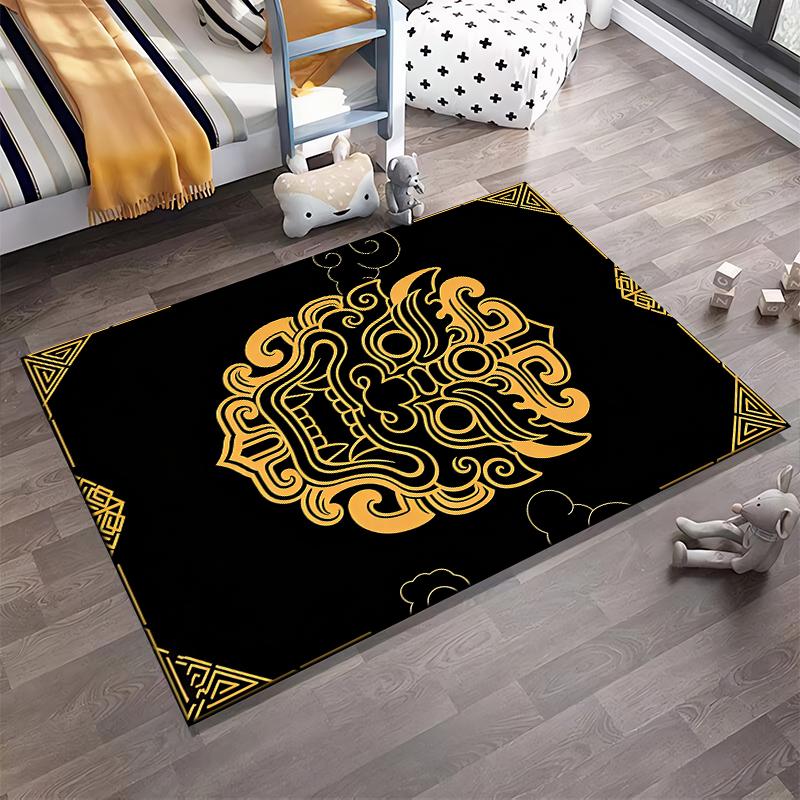 "Black Carpet with Golden Tribal Lion Head Design, Modern Home Decor" Suitable for Use As an Anti-slip for Living Room Bedroom Sofas