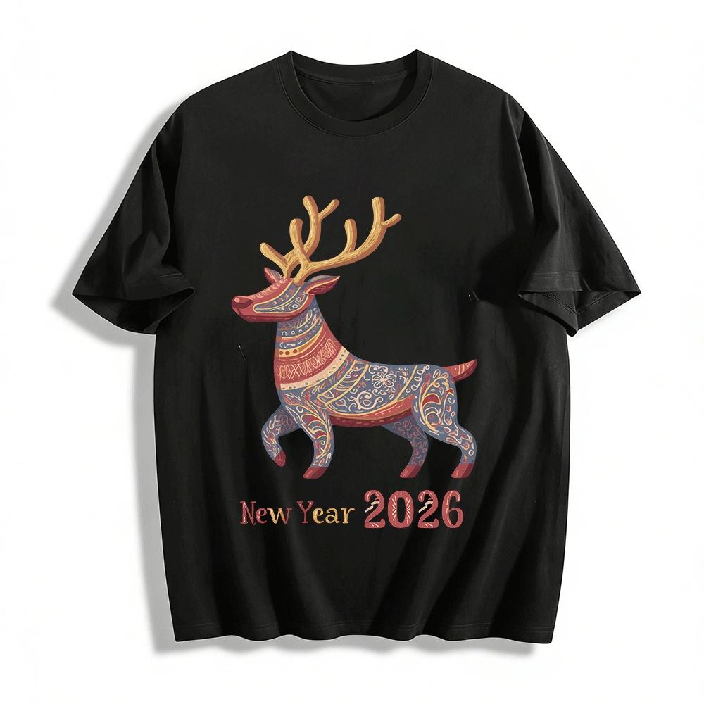 

2026 New Year Ethnic Style Reindeer Print Casual Top Pure cotton T-shirt 6XL