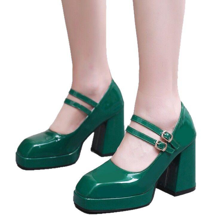 40-47 Foreign Trade Large Size Spring Waterproof Platform Thick High Heel Shallow Mouth Square Head Mary Jane Women's Single Shoes Skinny