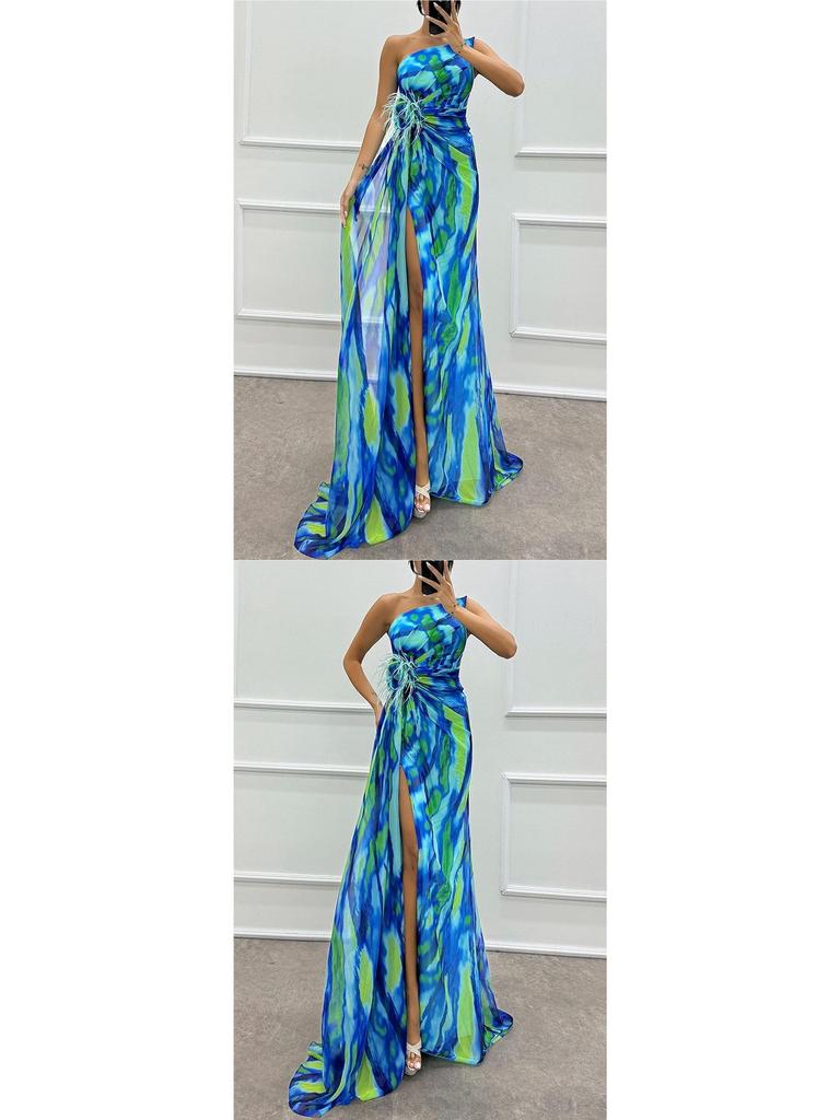 2026 European Chiffon Printed Split Long Casual Party Dress for Women