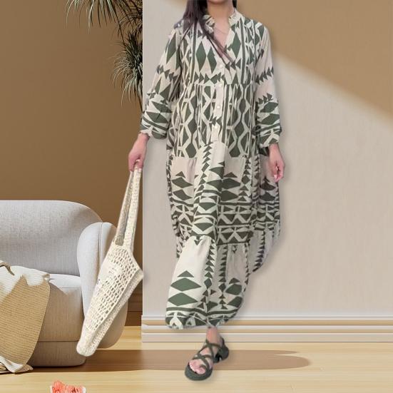 V-Ausschnitt Langarm Knöpfe Halbe Knopfleiste Plissee-Nähte Großer Saum Strandkleid Geometrisch