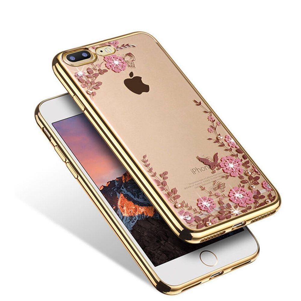 Rose Gold Plating Frame Clear Soft TPU Back Cover Bling Diamond Flower Case For iPhone/Samsung