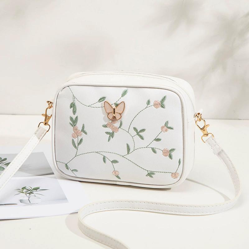 Embroidered Flower Bow Camera Bag Simple Women's Casual Small Square Bag PU Leather Shoulder Crossbody Bag AVE
