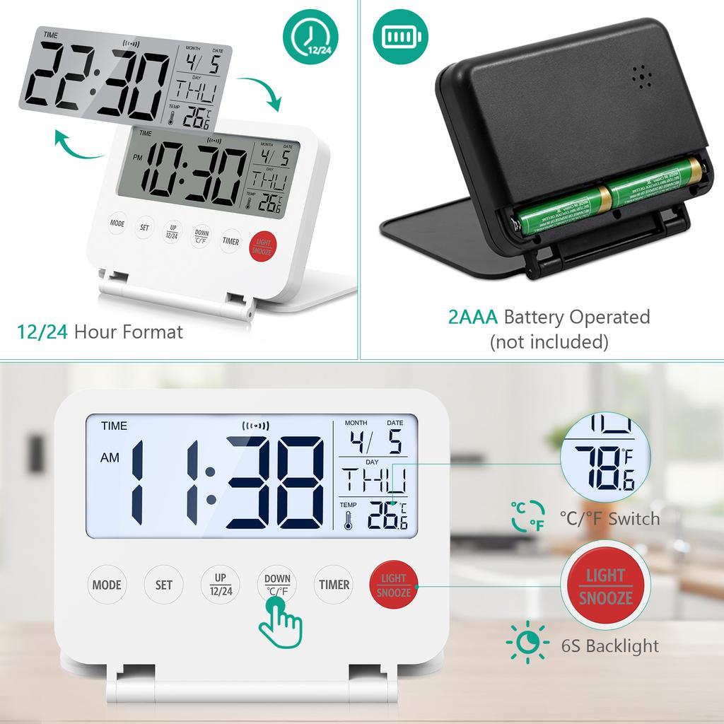 ORIA Digital Alarm Clock with Calendar Temperature Timer Foldable LCD Clock Battery Operated Desk Clock for Travel Home Office