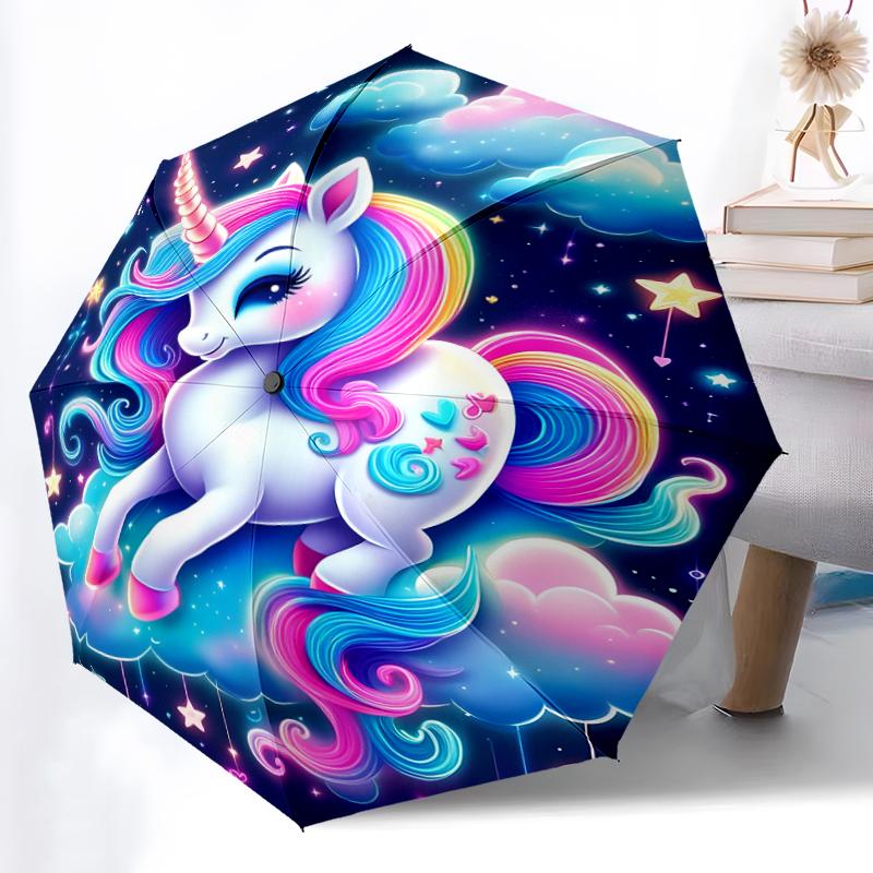 1pc Sturdy 8-Bone Auto Umbrella, Christmas Adorable Unicorn Umbrella, Digital Printed, Foldable Umbrella for On-the-Go Outdoor Use