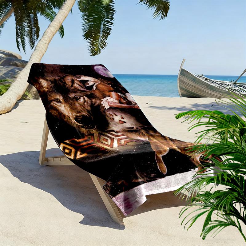 Native Indian Wolf Print Beach Towel, Large Soft Quick Dry Towel for Beach Camping Swimming