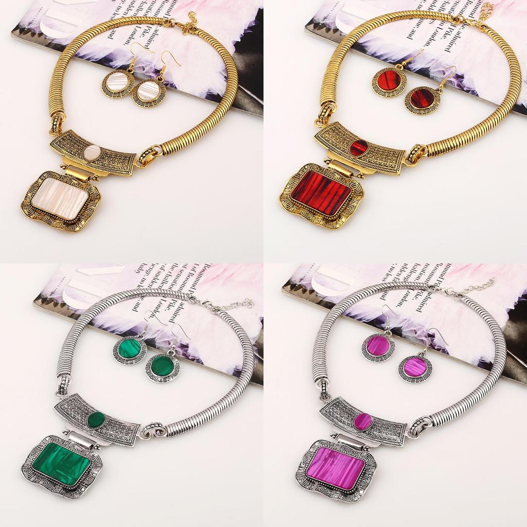 Geometric Alloy Necklace Earrings With Vintage Finish For Boho Fashion And Daily Wear