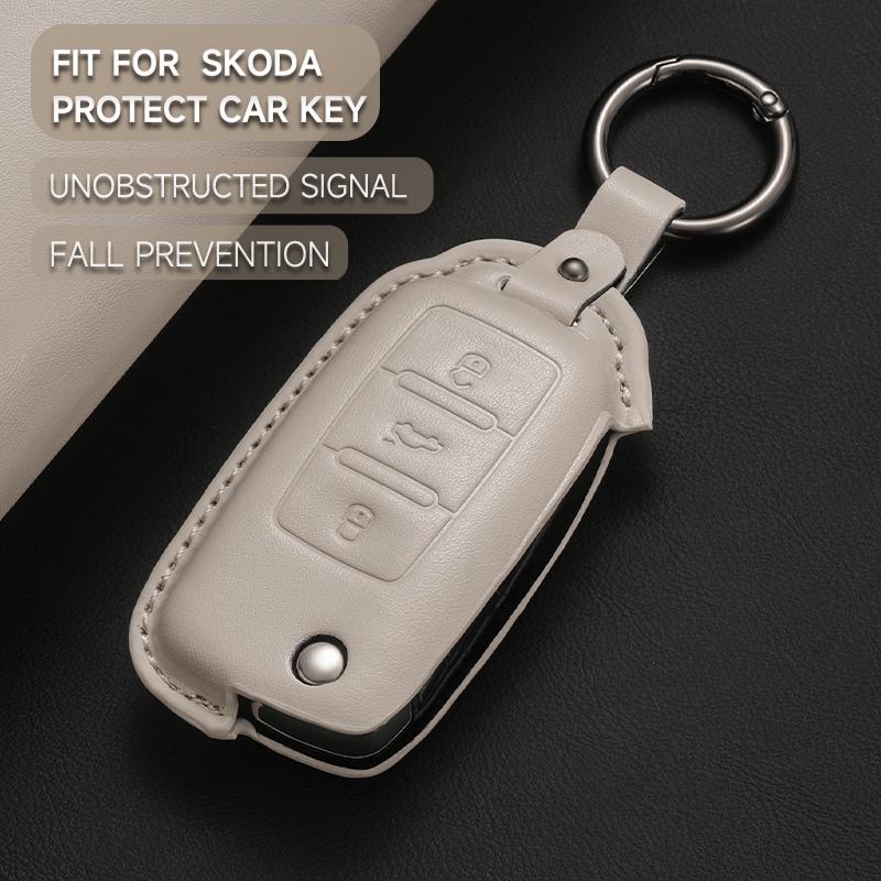 KTDJ9 Leather Car Key Cover Case Protection Shell Keychain For Skoda Octavia A5 kodiaq Fabia Scala Karoq Superb Kamiq Rapid Yeti