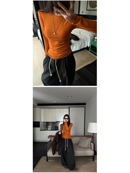 Superniniyy Brushed Long-Sleeve Slim Fit Tee – Stretchy Round Neck Base Layer Top