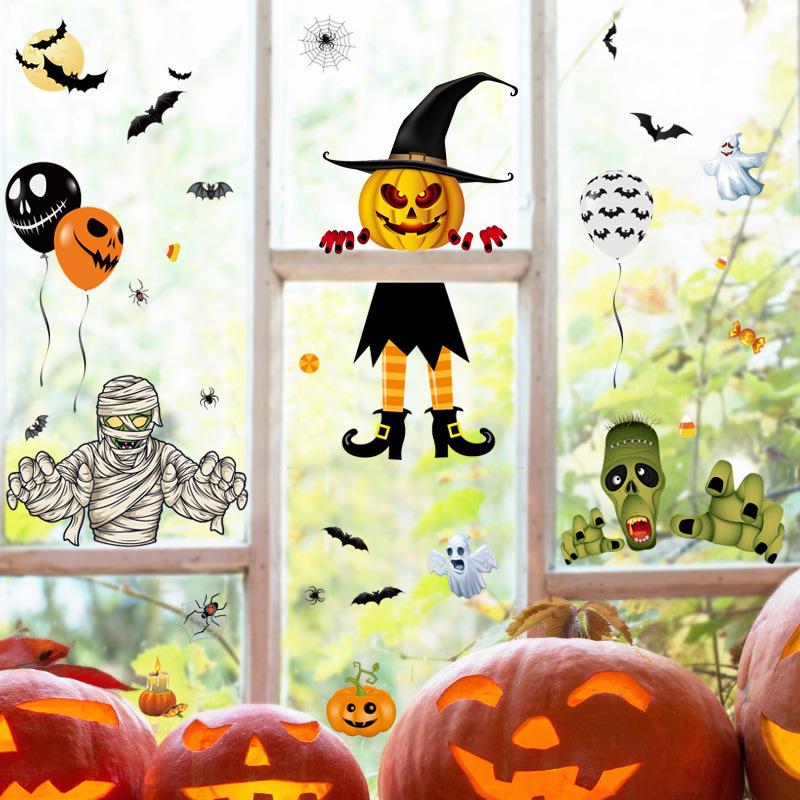 Halloween Cartoon Wall Sticker: Skull, Pumpkin, Balloon, Scarecrow, Self-Adhesive Glass Decal