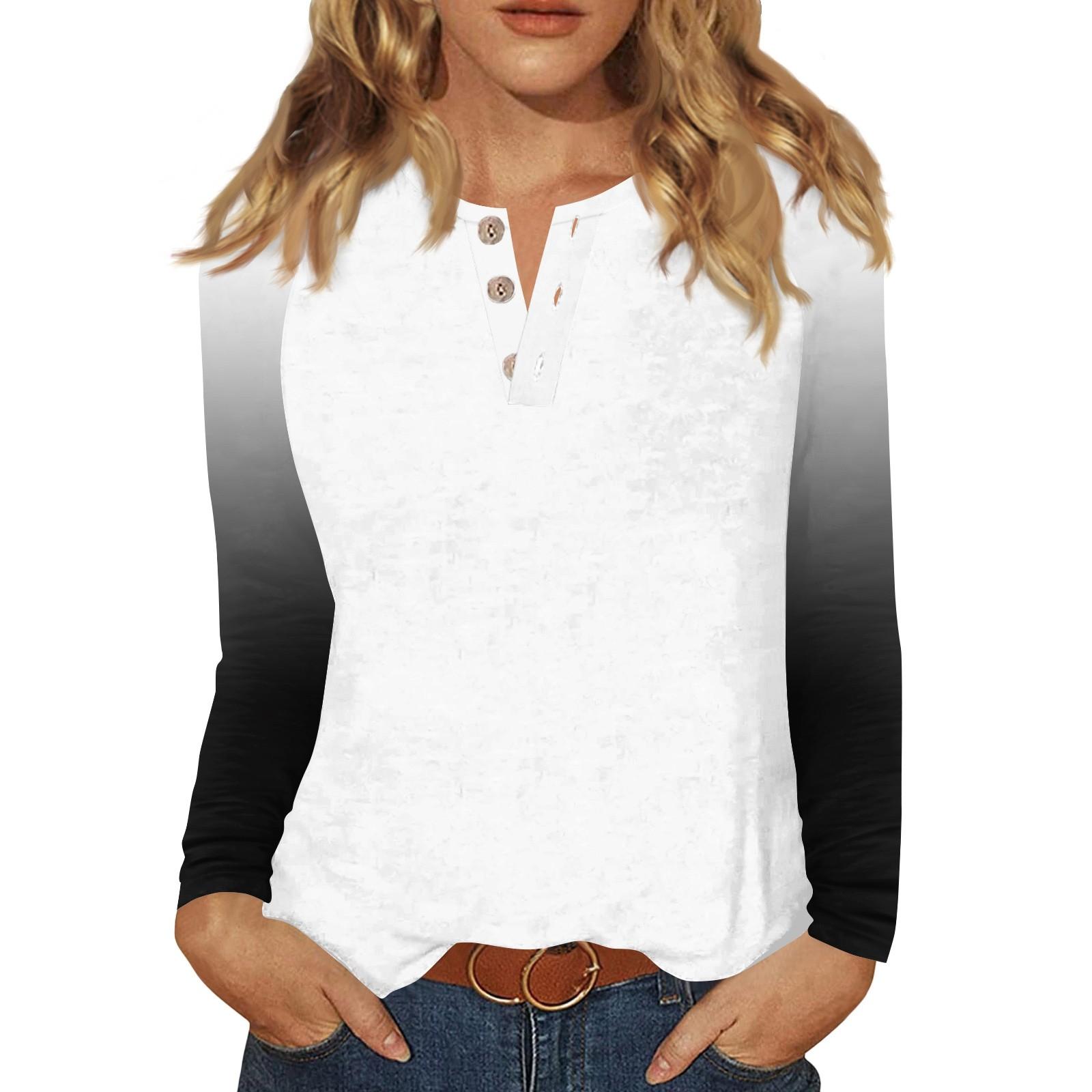 

Женская футболка с принтом, на пуговицах, с длинным рукавом, повседневная, для выходных, модная, базовая, с V-образным вырезом, обычный топ S чёрный