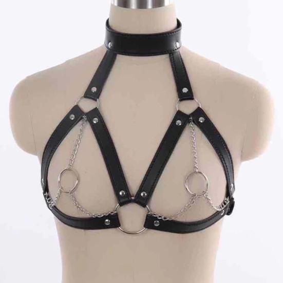 Yousheng Sexy Bra Harness Hollow Out Adjustable Chain Metal Ring Black Nightclub Performances Props Faux Leather Women Sexy Cage Cupless Bra for Home